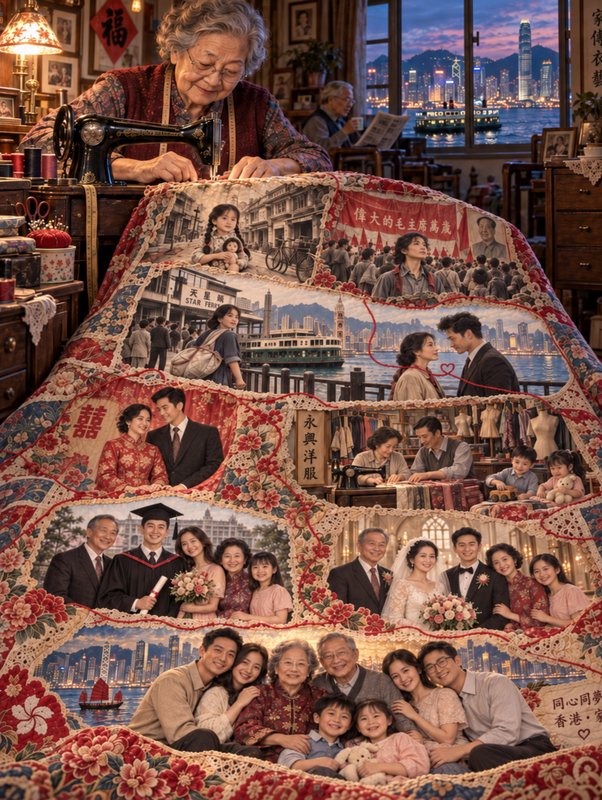 Elderly seamstress at a vintage sewing machine displays a hand-stitched quilt printed with decade...