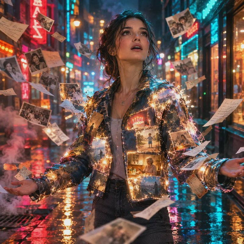 Woman in glowing memory jacket stands on wet neon city street as vintage photos float around her