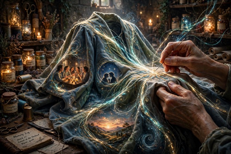 Elder weathered hands stitch a glowing magical cloth woven with tiny vivid memory scenes in a coz...