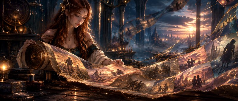 Red-haired fantasy scribe unfurling a glowing illustrated magical scroll in a tower at sunset