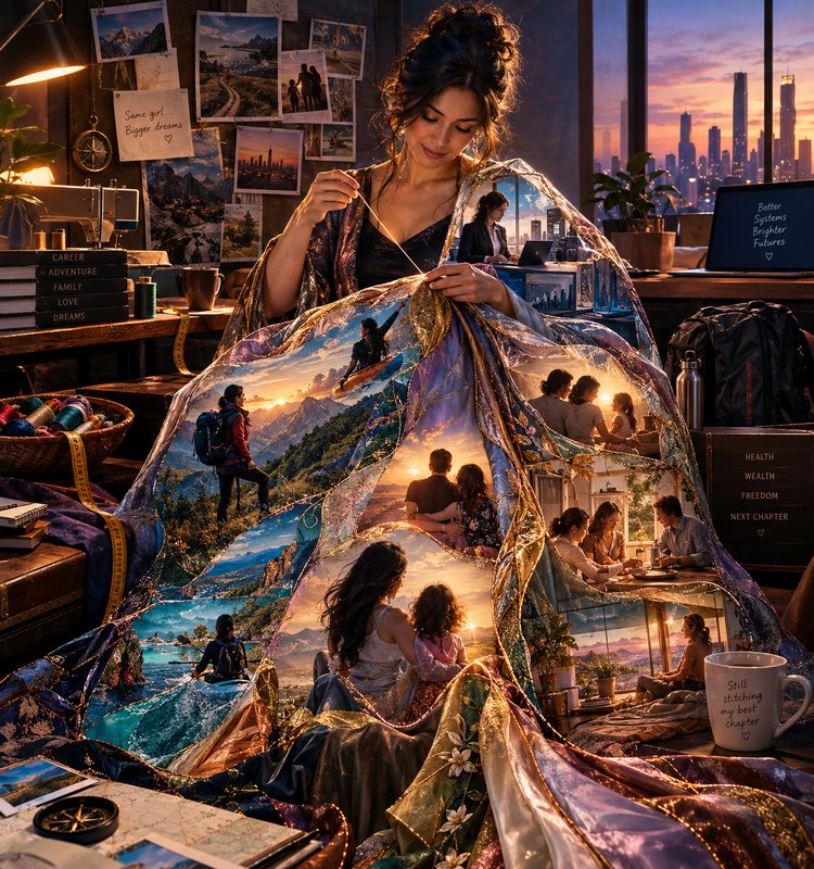 Woman stitching a glowing magical tapestry depicting her future life dreams in a cozy sunset home...