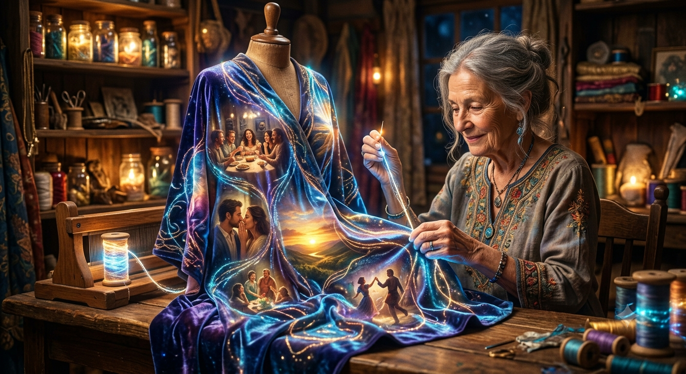 Elderly seamstress stitches a glowing enchanted story robe on a dress form in her cozy candlelit workshop