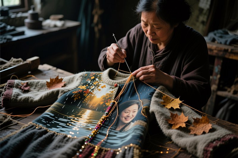 Older East Asian craftswoman hand stitching an intricately detailed knit garment at a wooden work...