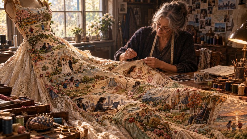 Mature seamstress stitching an elaborate narrative embroidered gown spread across her sunlit work...