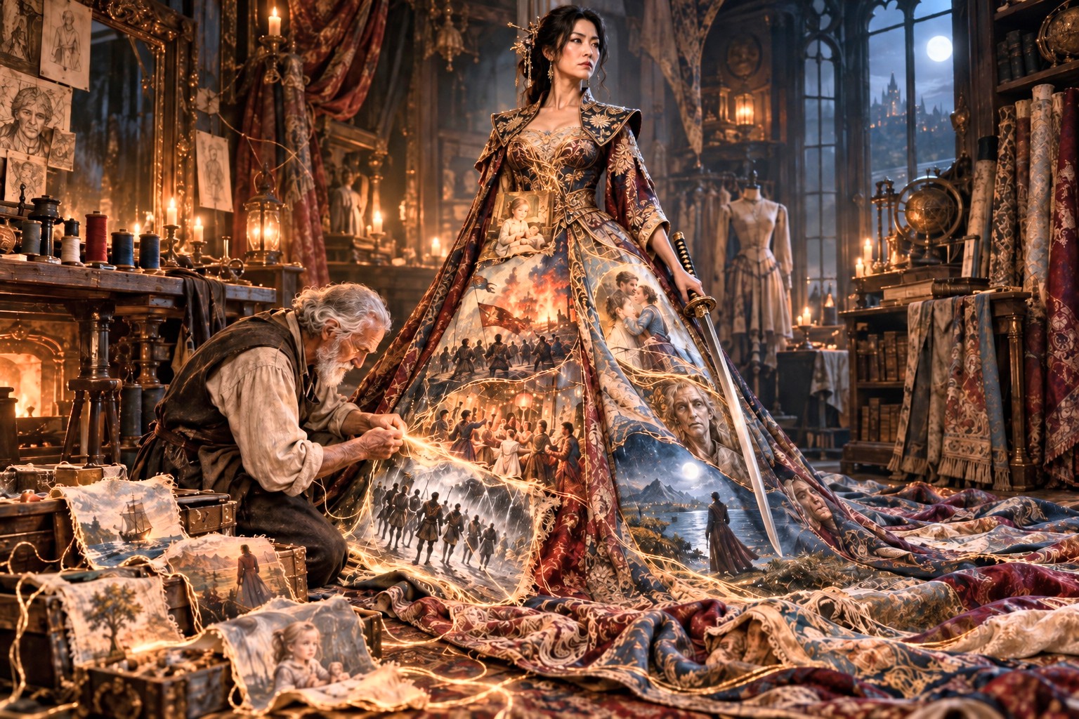 Elderly tailor stitches glowing golden threads into a regal queen's elaborate story tapestry gown in a candlelit workshop