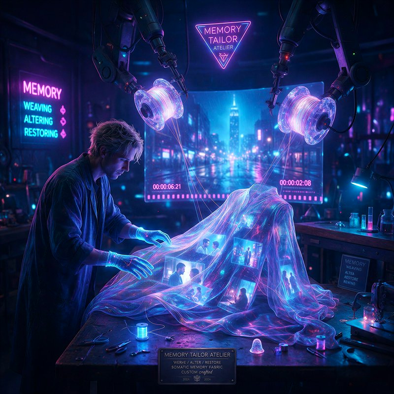 Futuristic memory tailor works with glowing holographic memory fabric in a neon lit cyberpunk atelier