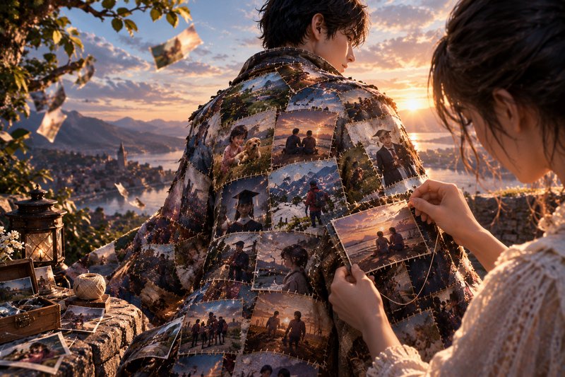 Woman stitching photo patches onto a man's coat overlooking a lakeside town at golden sunset