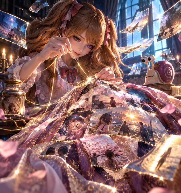 Fantasy anime girl stitching a glowing memory patchwork quilt with golden magical thread