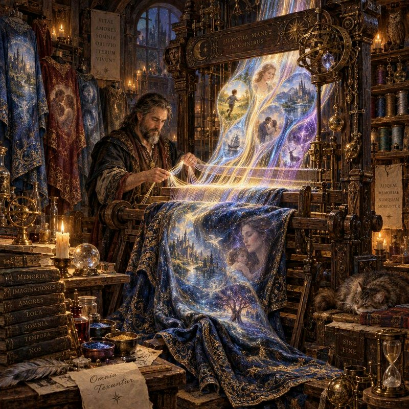 Magical weaver weaving glowing memory tapestries at an ornate loom in a candlelit fantasy workshop