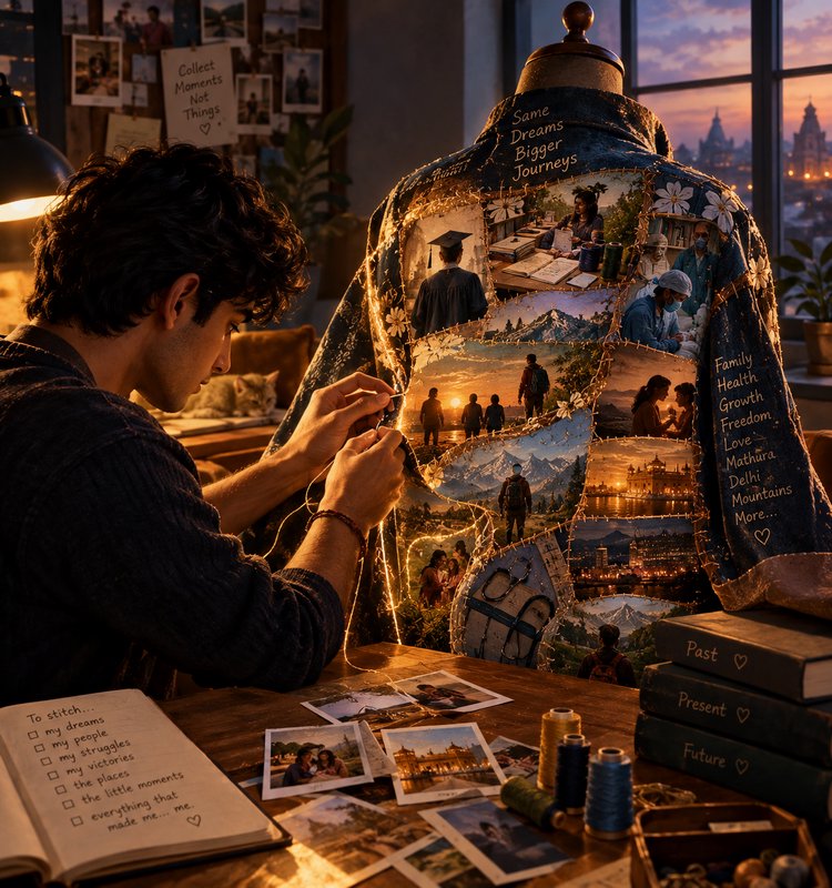 Young man stitching a memory collage jacket on a dress form in a warm sunset lit home studio