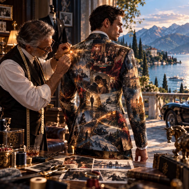 Master tailor fits an intricately story-printed luxury bespoke suit on a client overlooking a sun...