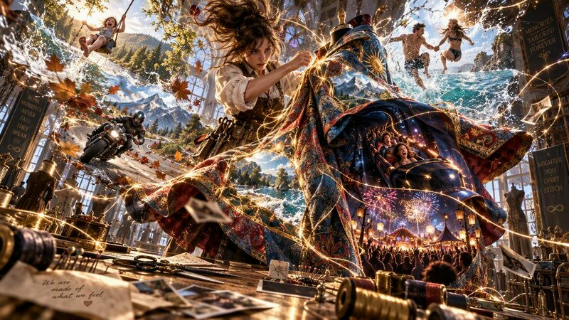 Magical seamstress stitching an enchanted robe woven from joyful overlapping life memories and mo...