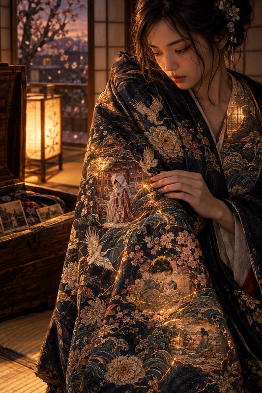 Young woman admiring a glowing intricately embroidered kimono in a traditional Japanese tatami ro...