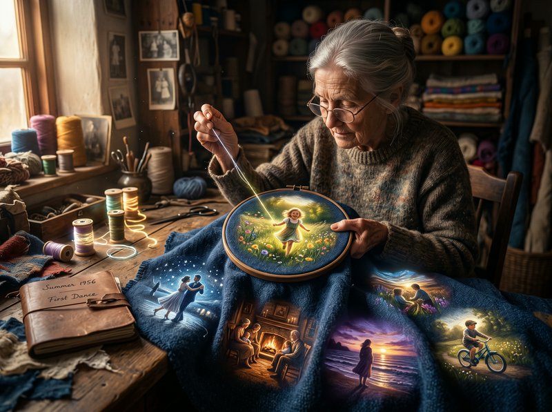 Elderly seamstress stitching glowing embroidered memory scenes in a cozy sunlit craft workshop
