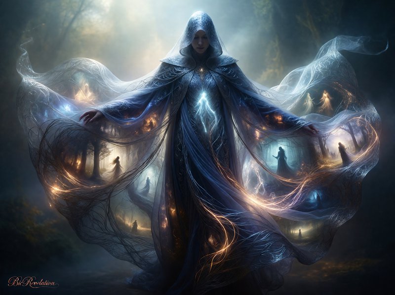 Mystical hooded ethereal being weaves glowing magical scenes from its flowing robe in a misty anc...