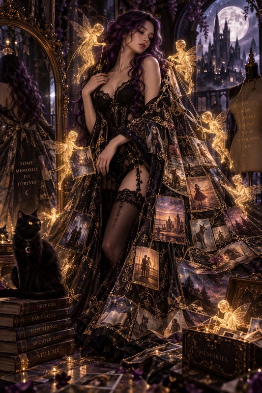 Purple-haired fantasy enchantress in a patchwork memory gown surrounded by glowing golden fairies...