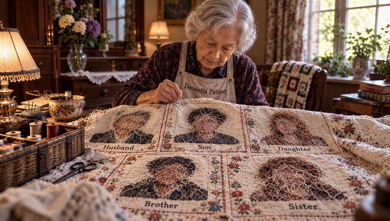 Elderly dementia patient stitching a tangled lace family portrait quilt in a cozy sunlit home