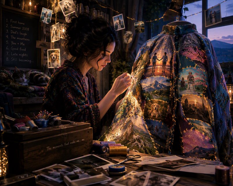 Female seamstress hand stitching a memory-themed glowing coat in a cozy dusk craft studio