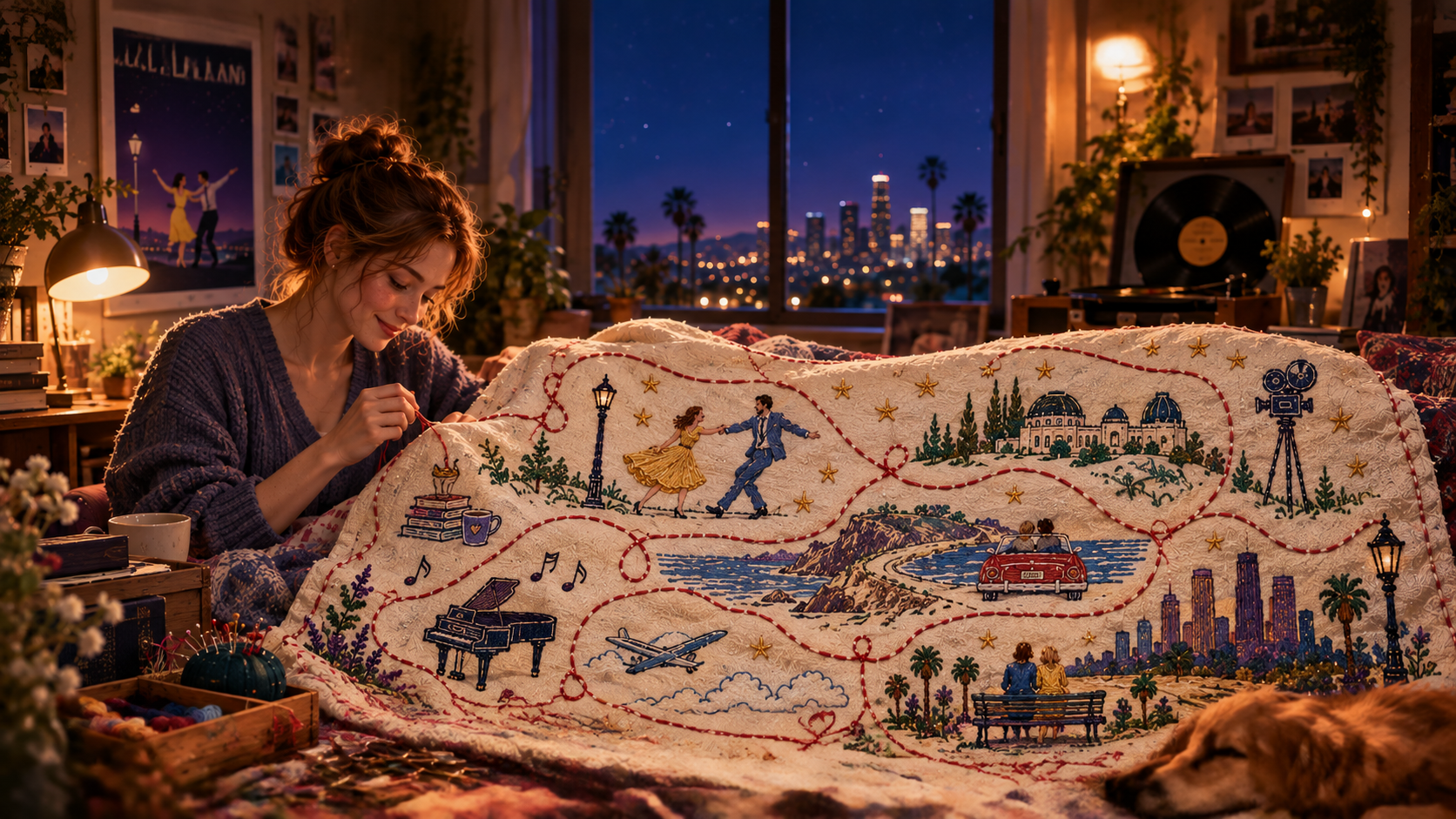 Smiling woman stitching a movie-themed embroidered blanket in a cozy LA apartment at dusk