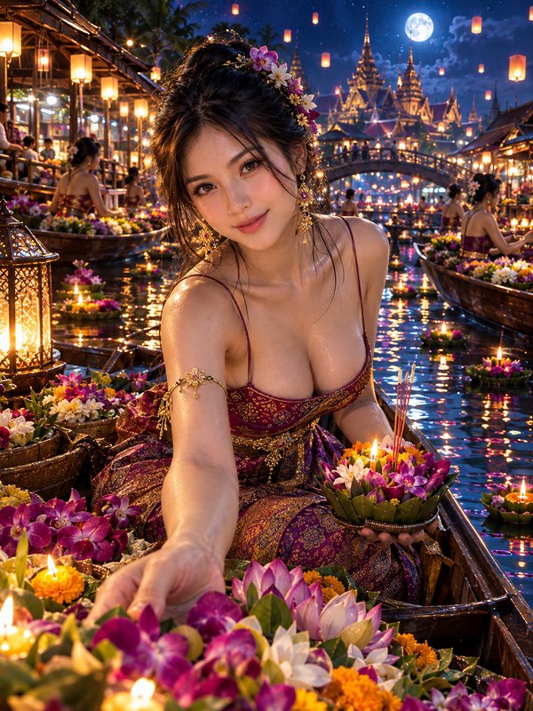 Young woman in traditional Thai attire holds a decorated krathong at a glowing Loy Krathong float...