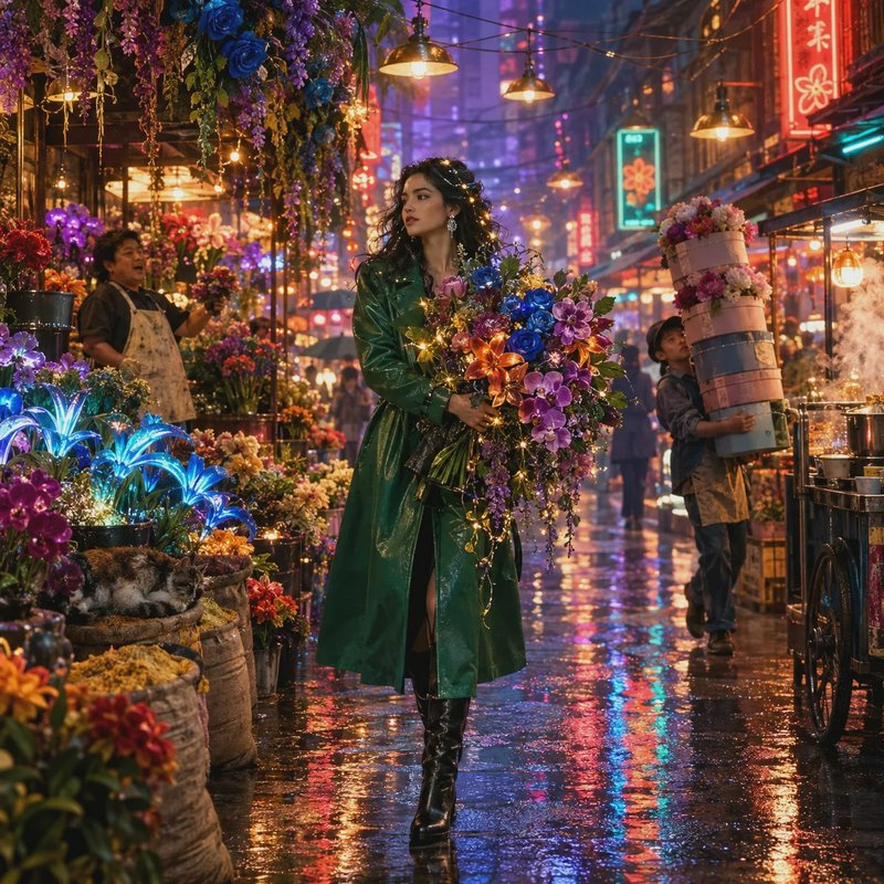 Woman in a glossy green coat holds a glowing bouquet while walking through a rainy neon night flower market