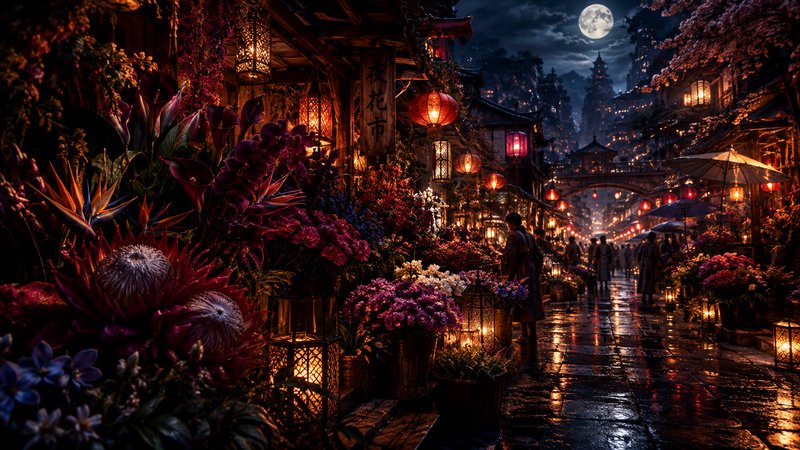 Vibrant traditional East Asian night flower market glowing with lantern light under a bright full...