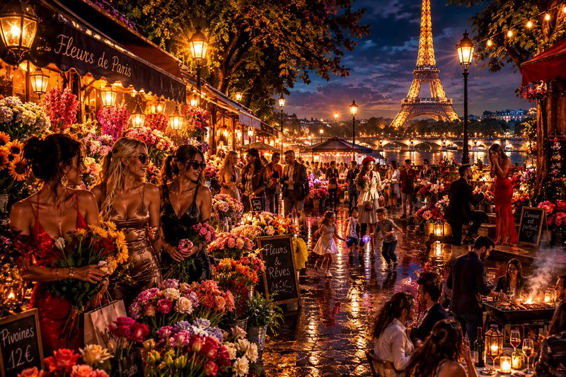 Bustling night flower market along the Seine in Paris, with the glowing lit Eiffel Tower in the b...