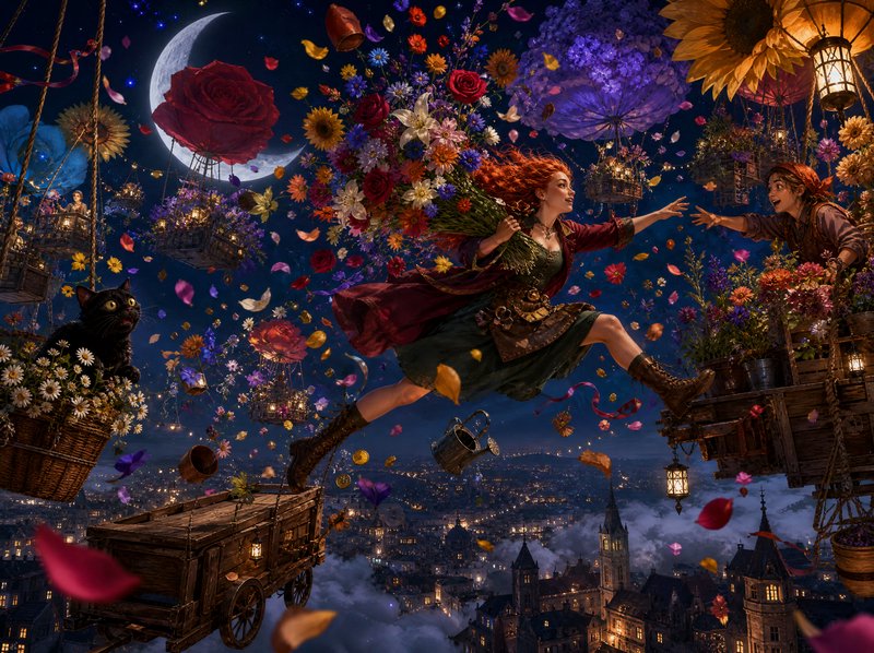 Red-haired woman leaps between floating flower baskets above a fantasy city under a crescent nigh...