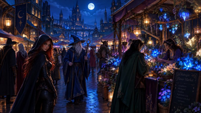 Bustling magical fantasy night market with wizards, elves, glowing flowers, and a spired castle u...