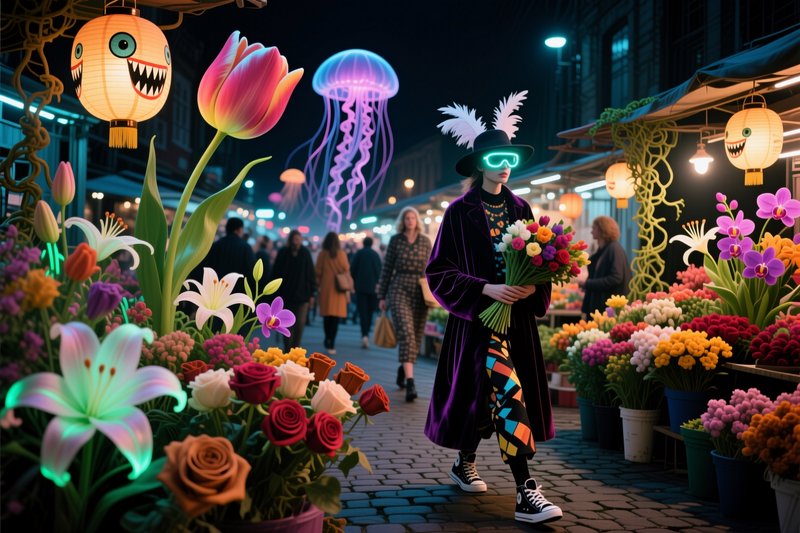 Stylish person with glowing neon goggles carries a bouquet through a surreal night flower market ...