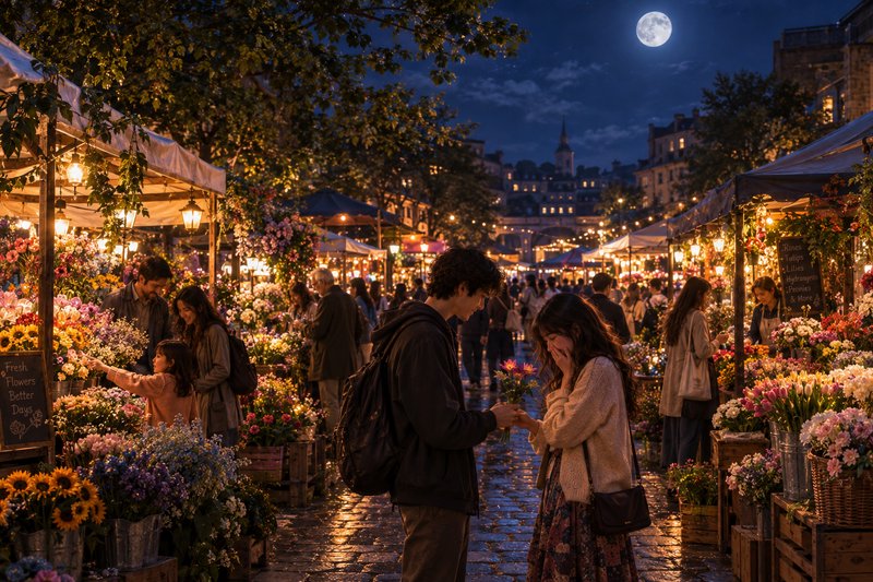 Young man offers a bouquet to a surprised woman at a glowing full moon night flower market.