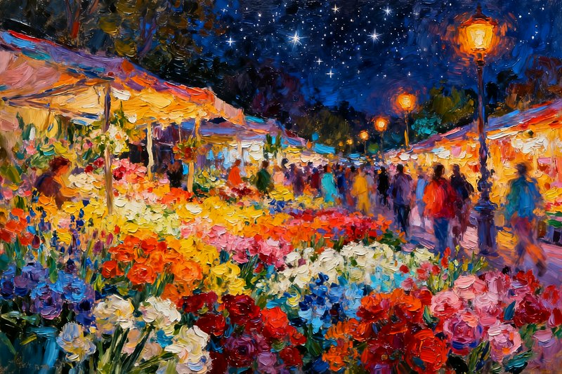 Vibrant impasto painting of a bustling night flower market under a starry indigo sky