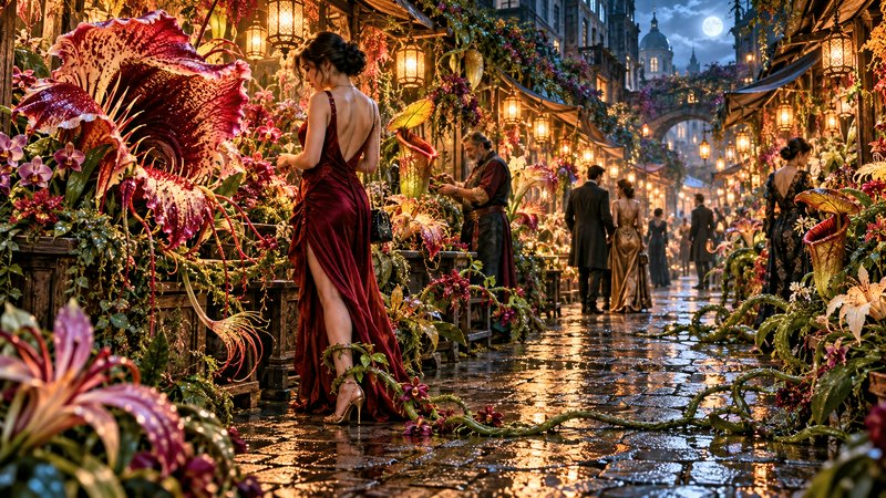 Woman in a deep red gown browses giant exotic flowers at a glowing moonlit fantasy street market