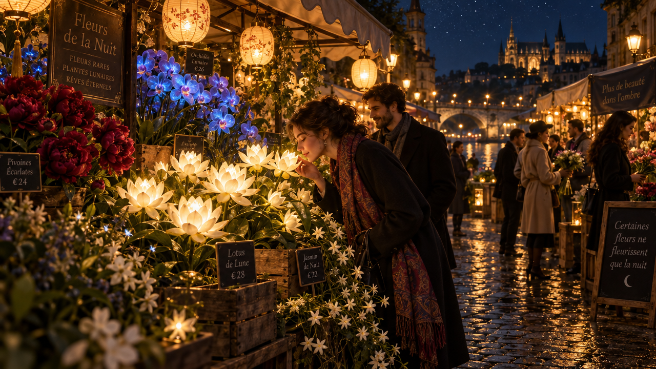 Woman smelling glowing moon lilies at a lantern-lit night flower market on a wet cobblestone riverside street