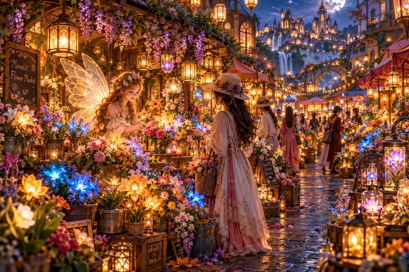 Glowing fairy vendor sells enchanted luminous flowers to a customer at a cozy moonlit fantasy market