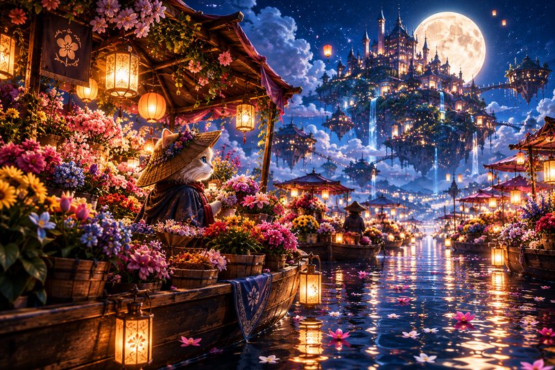Whimsical cat flower vendor at a glowing floating night market beneath a full moon and fantasy sk...