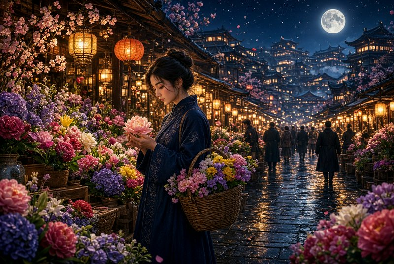 Young woman in traditional dress holds a pink peony at a lantern-lit ancient night flower market ...