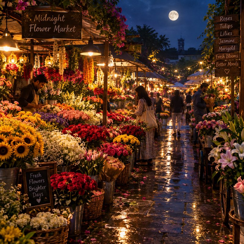Bustling midnight flower market glows under a full moon, with shoppers browsing vibrant blooms on...