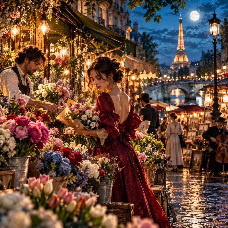 Woman holding a bouquet shops at a moonlit Paris flower market with the Eiffel Tower in the distance