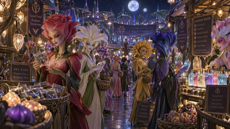 Floral humanoid vendors sell goods at a bustling glowing alien night market under twin full moons