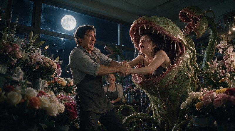 Man struggles to pull a screaming woman from a giant carnivorous plant inside a moonlit flower shop