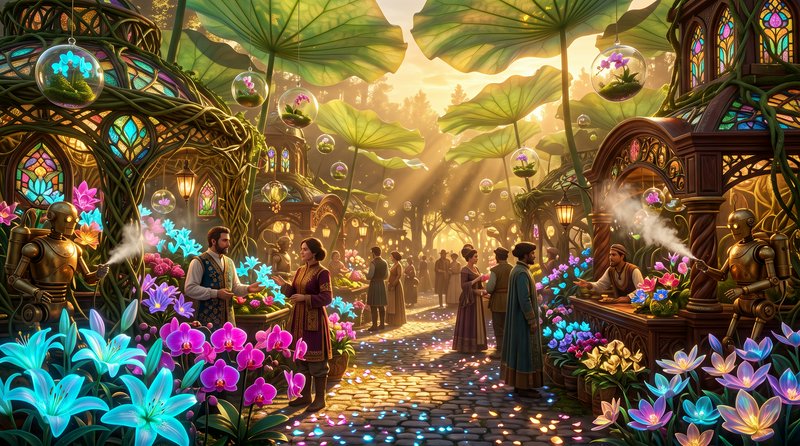 Magical steampunk flower market with glowing blooms, brass robot attendants and golden sunbeams f...