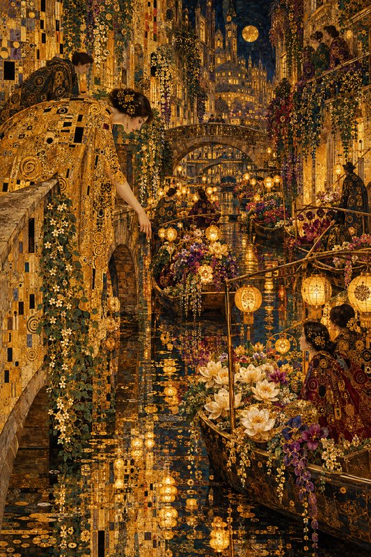 Klimt-style golden fantasy canal scene with glowing lanterns, flower-filled gondolas, and elaborately dressed women on stone