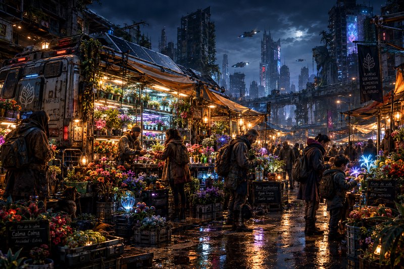 Busy moonlit cyberpunk night market with glowing plant stalls, shoppers, and a futuristic skyscra...