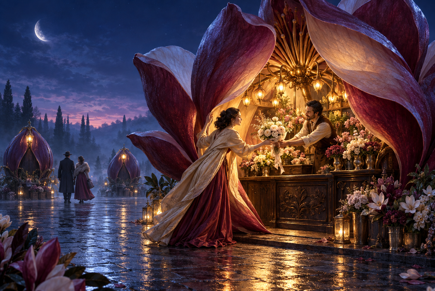 Woman receives a flower bouquet from a vendor at a giant blossom market stall during misty twilight under a crescent moon