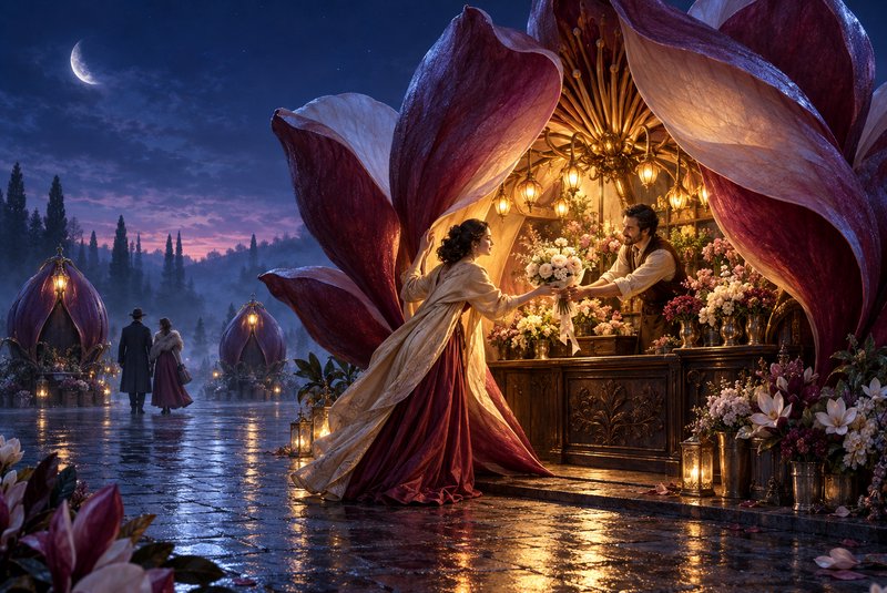 Woman receives a flower bouquet from a vendor at a giant blossom market stall during misty twilig...