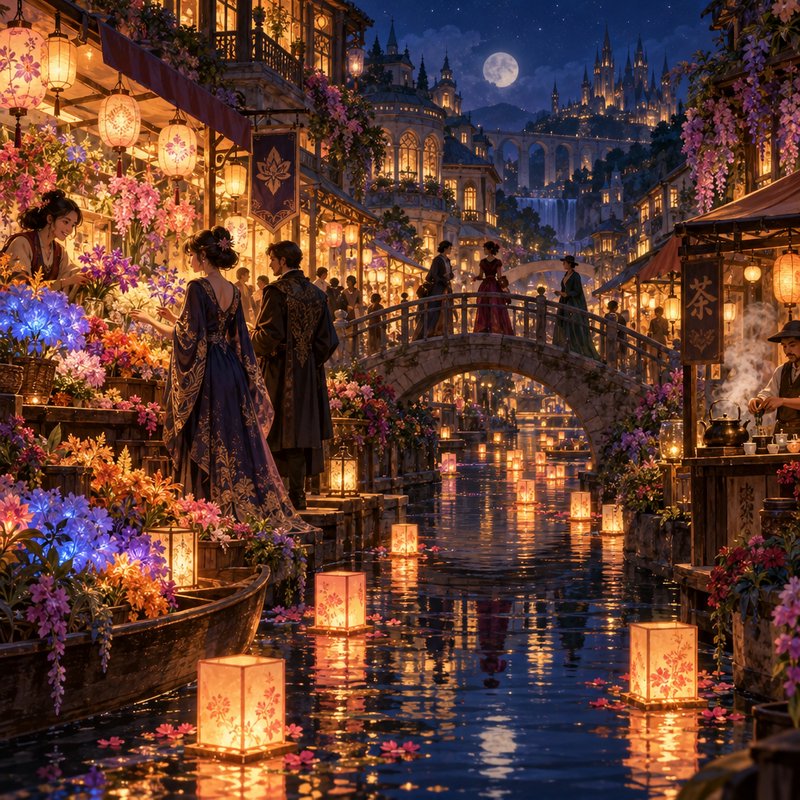 Magical floating canal market lit by glowing lanterns at night, with a stone bridge and fantasy c...