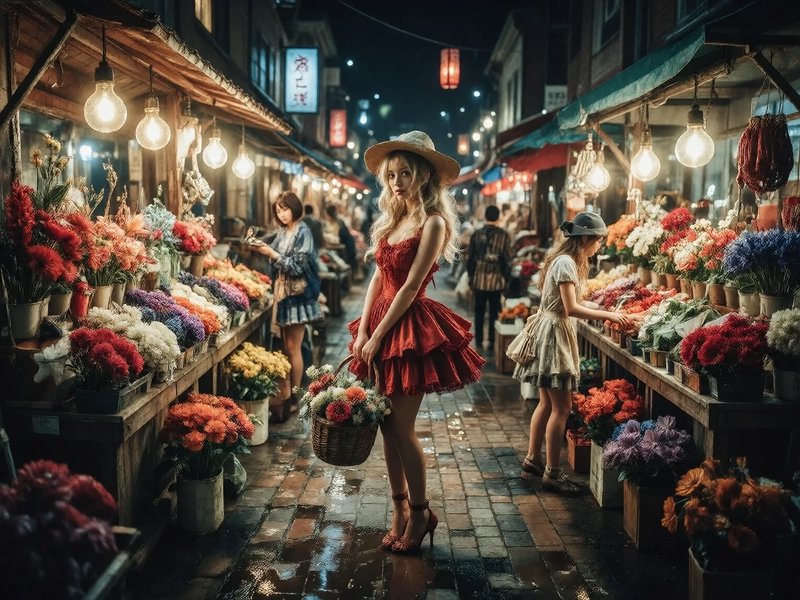 Woman in a red ruffled dress holding a flower basket stands in a busy night street flower market