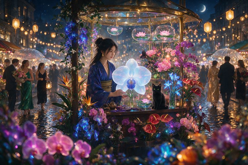 Woman tends a glowing magical flower stall with a black cat at a rainy lantern-lit night market