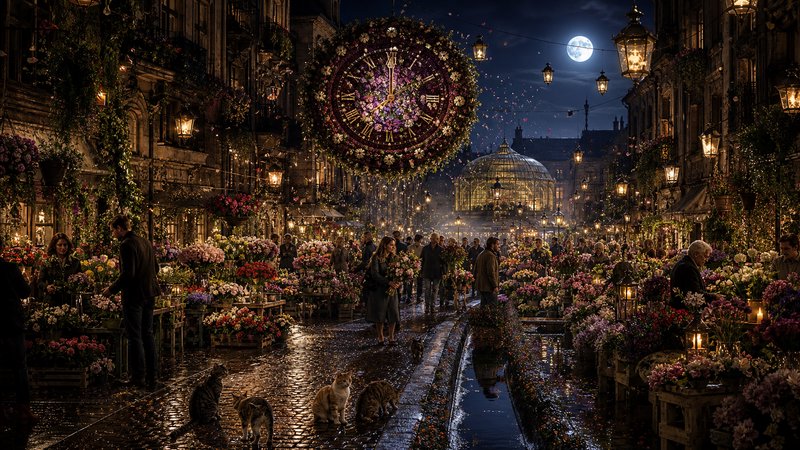 Magical night flower market with a giant floral clock, shoppers, and cats under a bright full moon